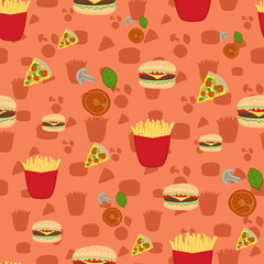 Fast food repeat pattern on orange background with silhouettes