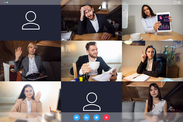 Fototapeta na wymiar Improvement, busy. Young colleagues talking, working in videoconference with co-workers at office or living room. Online business during quarantine. Work, finance, tech concept. PC screen interface.