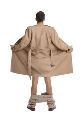 Exhibitionist exposing naked body under coat isolated on white, back view