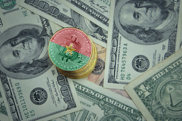 golden shining bitcoins with flag of burkina faso on a dollar money background.