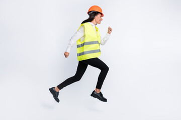 Profile photo of artisan lady jump run fast wear helmet shirt vest pants shoes isolated white color background
