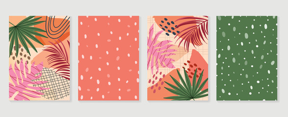 Abstract art nature background vector. Modern shape line art wallpaper. Boho foliage botanical tropical leaves and floral pattern design for home deco, wall art, social media post and story background