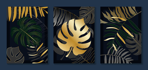 Gold forest  wall art background vector.  Palm and tropical leaf black and golden texture wallpaper. Design for wall decoration, cover, prints, social media stories background, poster and home decor.