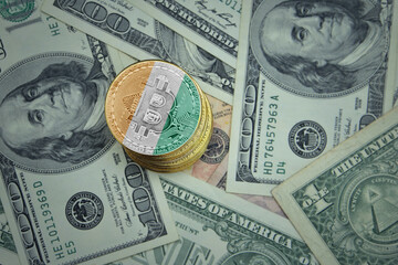 golden shining bitcoins with flag of cote divoire on a dollar money background.