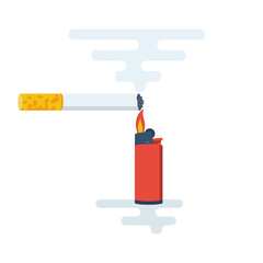 Cigarettes and a lighter. Lighter with fire, cigarette smoke. Vector illustration flat design. Isolated on white background. Cartoon style.