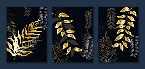 Gold forest  wall art background vector.  Palm and tropical leaf black and golden texture wallpaper. Design for wall decoration, cover, prints, social media stories background, poster and home decor.