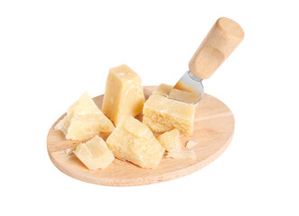 Parmesan cheese with knife and wooden board on white background