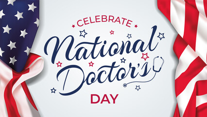 National doctor's day lettering USA background vector illustration. National doctor's day celebration banner with USA flag and text - United States of America