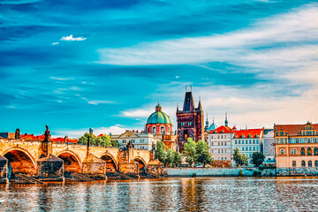 Fototapeta premium Charles Bridge from the quay of the Vltava River.Czech Republic.