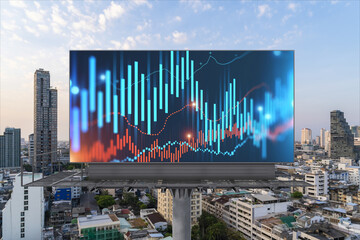 Plakat Glowing FOREX graph hologram on billboard, aerial panoramic cityscape of Bangkok at sunset. Stock and bond trading in Southeast Asia. The concept of fund management.