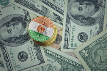golden shining bitcoins with flag of niger on a dollar money background.