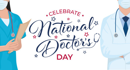 National doctors' day vector banner. International holiday, congratulations. The character is female therapists, a doctor's surgeon