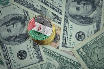 golden shining bitcoins with flag of Sahrawi Arab Democratic Republic on a dollar money background.