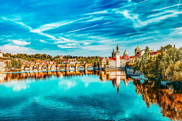 Charles Bridge from the quay of the Vltava River.Czech Republic.