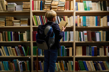 rear view on school boy taking a book from shelves, choosing the book for school, education. intelligent clever children concept