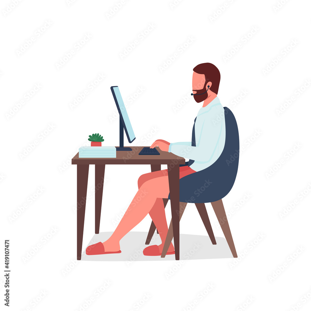 Poster freelancer on video call with no pants flat color vector faceless character. businessman at desk. re