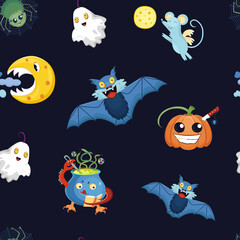Seamless vector cartoon background with Halloween's symbols.