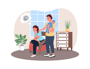 Fototapeta na wymiar Postpartum depression 2D vector web banner, poster. Exhausted mother, father, crying baby flat characters on cartoon background. Family conflict printable patch, colorful web element