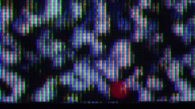 Close up view at a plasma tv while showing white noise activity.