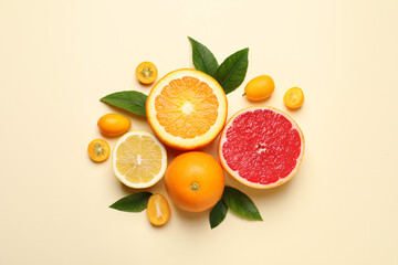 Fototapeta na wymiar Fresh juicy citrus fruits with green leaves on beige background, flat lay