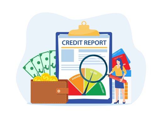 Credit report document concept. Money , Credit card, lending, infographic, with people, Credit rating agency concept. Vector illustration in flat style