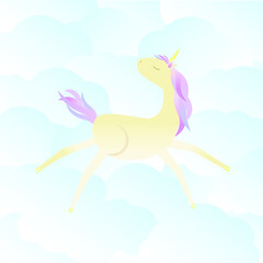 A magical unicorn jumps against the background of clouds. Vector children's illustration.
