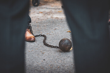 Wedding traditions in the Czech Republic. Locked iron ball on the leg.