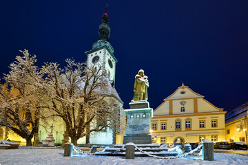 Night snowy square of the city of Tabor in the Czech Republic