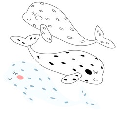Children's illustration of a beluga in black and white, color and linear version on a white background. For a children's magazine, postcards, educational toys, coloring pages, stickers. Sea animals