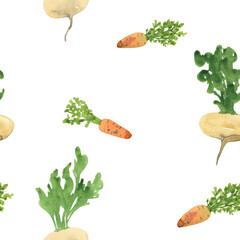 Hand drawn watercolor illustration. Seamless pattern. Vegetables isolated on a white background. Carrots and turnips. Ecology. Spring. Vegan. Vitamin