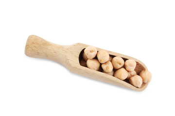 Wooden scoop with chickpeas on white background. Natural food