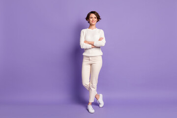 Fototapeta na wymiar Full length body size photo of confident young business woman with crossed hands isolated on vivid purple color background