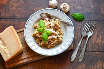 Home made italian risotto with mushrooms and parmesan cheese