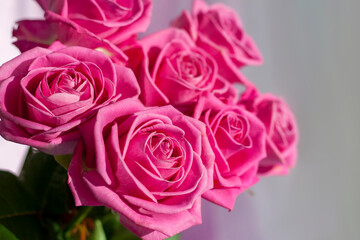 Composition with a bouquet of pink roses on a delicate fabric background. A holiday gift, pastel colors. Festive delicate background, birthday, wedding bouquet. Valentine's Day Greeting Card