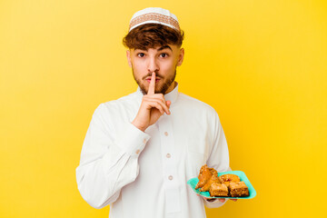 Young Moroccan man wearing the typical arabic costume eating Arabian sweets isolated on yellow background keeping a secret or asking for silence.