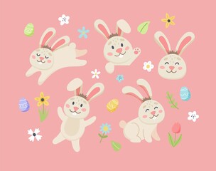 Easter bunny set with cute flowers and eggs. Hand drawn flat cartoon elements. Vector illustration