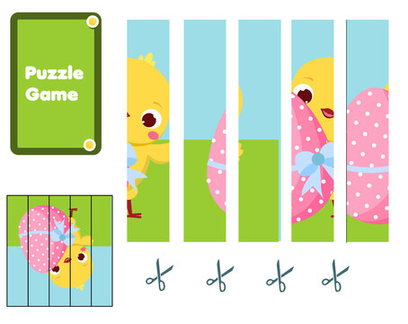 Chicken with eggs. Puzzle for toddlers. Cut pieces and complete the picture. Easter theme Game for children