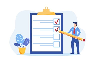 Positive business man with a giant pencil on his shoulder nearby marked checklist on a clipboard paper. Task done business concept. Vector illustration in flat style