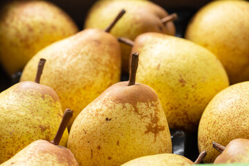 many fresh yellow pears in box