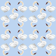 Seamless pattern with white swans on a light blue background. Hand painted in oil pastels. Perfect design for wrapping paper, gifts, decorations, nursery art, textile, fabric.