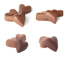 Set with delicious heart shaped chocolate candies on white background
