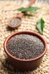 Bowl with chia seeds on wicker stand