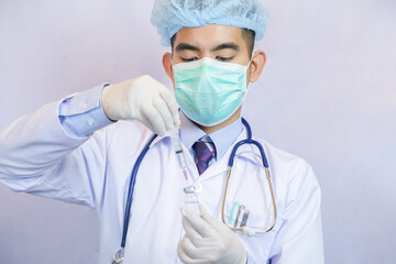 Medicine doctor holding flu, measles, coronavirus vaccine. Vaccination Vaccine Syringe Injection Prevention Immunization Treatment Coronavirus Covid 19 Infectious.
