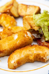 fried squid with fried potato and salad on the plate