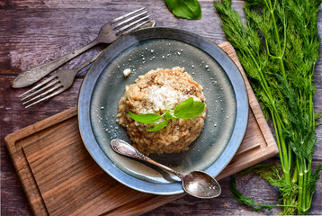 Home made italian risotto with mushrooms and parmesan cheese