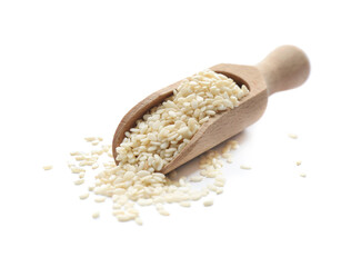 Wooden scoop with sesame seeds on white background