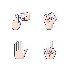 Hand gestures RGB color icons set. Raised fist. Stop doing something sign. Index finger up. Communication elements. Rhetorical devices. Communication with gestures. Isolated vector illustrations