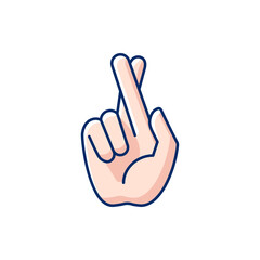 Crossed fingers RGB color icon. Hand gesture used to wish for luck. Keep your fingers crossed. Communication elements. Rhetorical devices. Implore God for protection. Isolated vector illustration