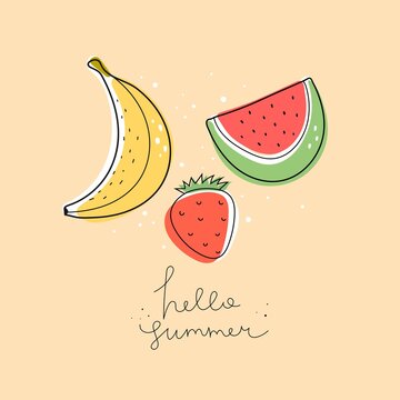 hello summer. cartoon banana, strawberries, watermelon, hand drawing lettering, decor elements. Summer colorful vector illustration, flat style. design for cards, print, posters, logo, cover