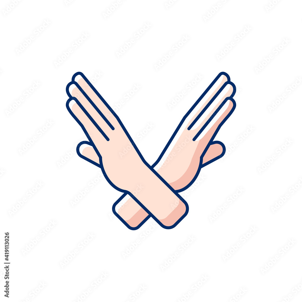 Poster crossed arms, stop gesture rgb color icon. communication elements. rhetorical devices. request to st